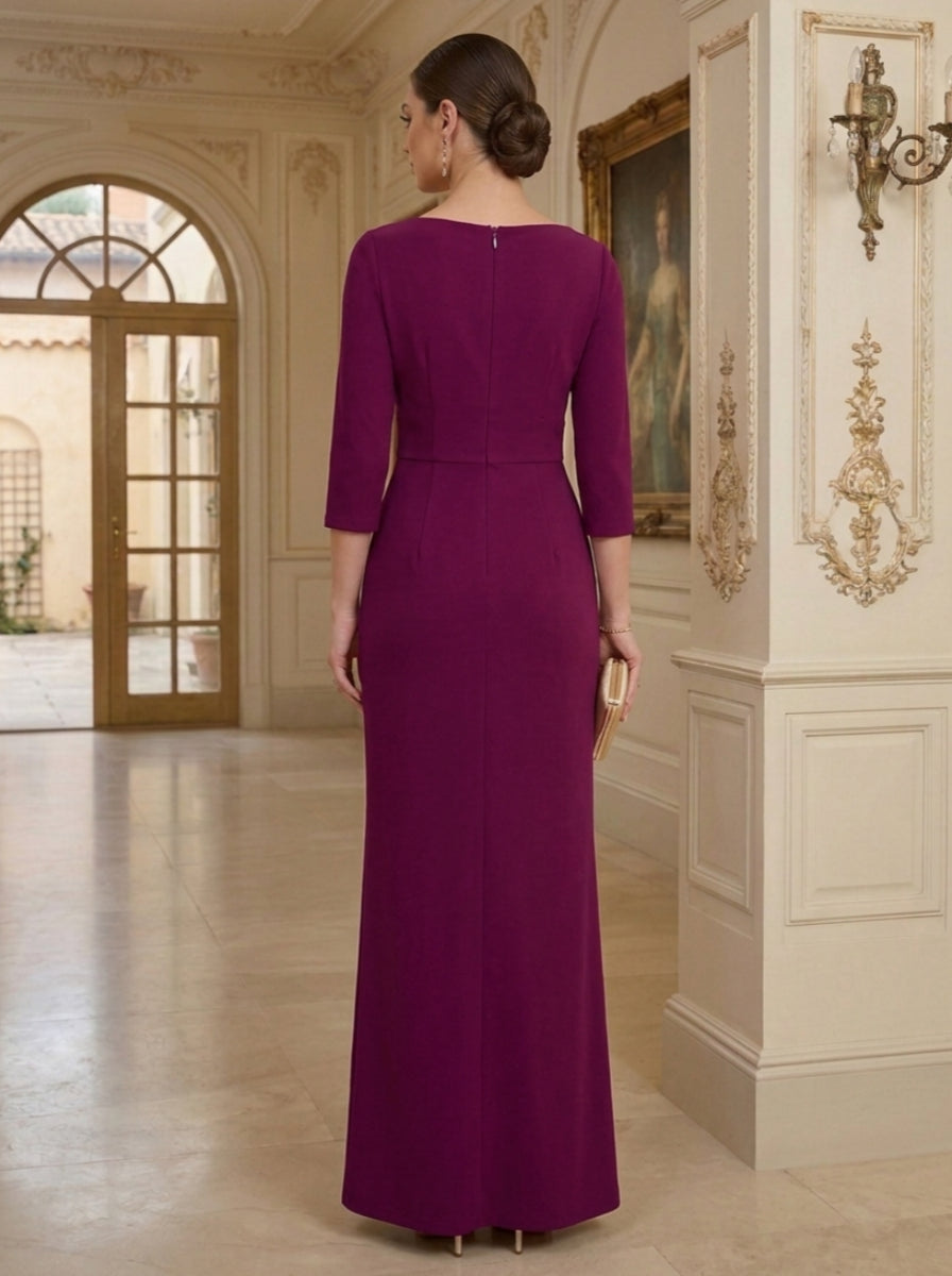 Sheath/Column Asymmetrical Neck Stretch Satin Mother of The Bride Dresses with Split Side 3/4 Sleeves Ruched Floor-Length