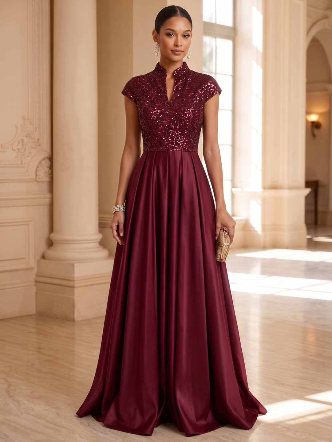 A-Line/Princess Mock Neck Satin Mother of the Bride Dresses Sequins Floor-Length Cap Sleeves