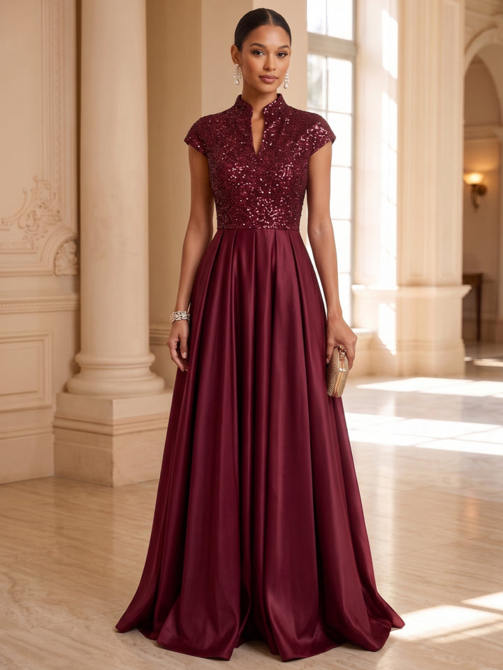 A-Line/Princess Mock Neck Satin Mother of the Bride Dresses Sequins Floor-Length Cap Sleeves