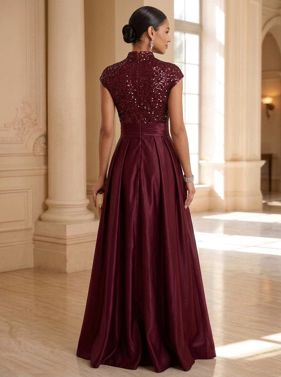 A-Line/Princess Mock Neck Satin Mother of the Bride Dresses Sequins Floor-Length Cap Sleeves