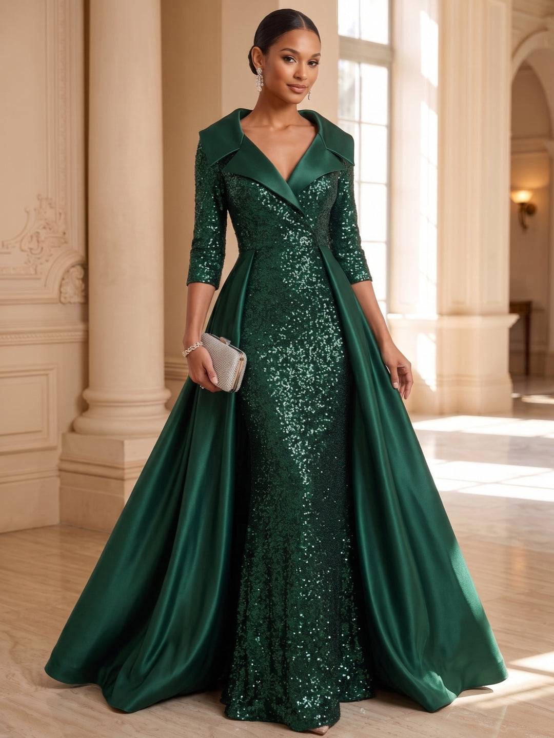 Sheath/Column V-Neck Satin Mother of the Bride Dresses with Overskirt Sequins Floor-Length 3/4 Sleeves
