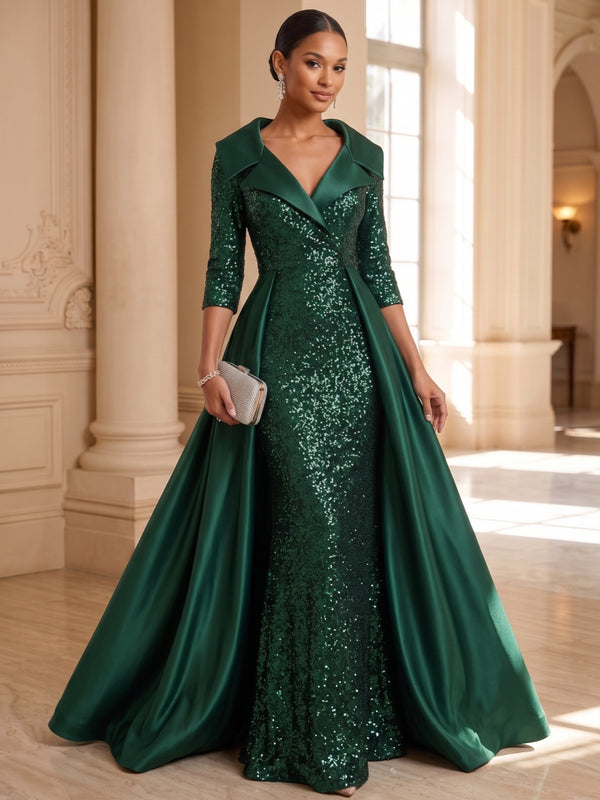 Sheath/Column V-Neck Satin Mother of the Bride Dresses with Overskirt Sequins Floor-Length 3/4 Sleeves