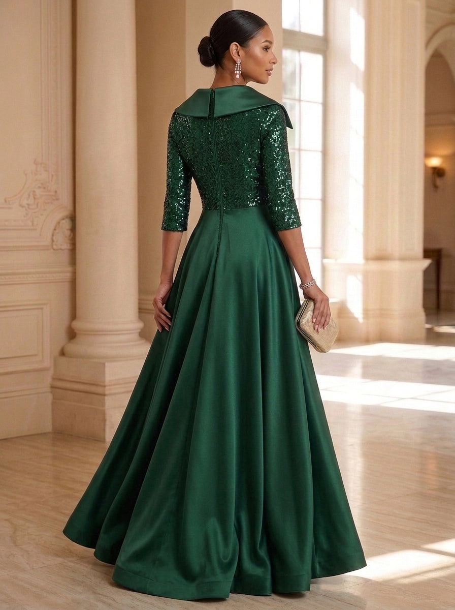 Sheath/Column V-Neck Satin Mother of the Bride Dresses with Overskirt Sequins Floor-Length 3/4 Sleeves