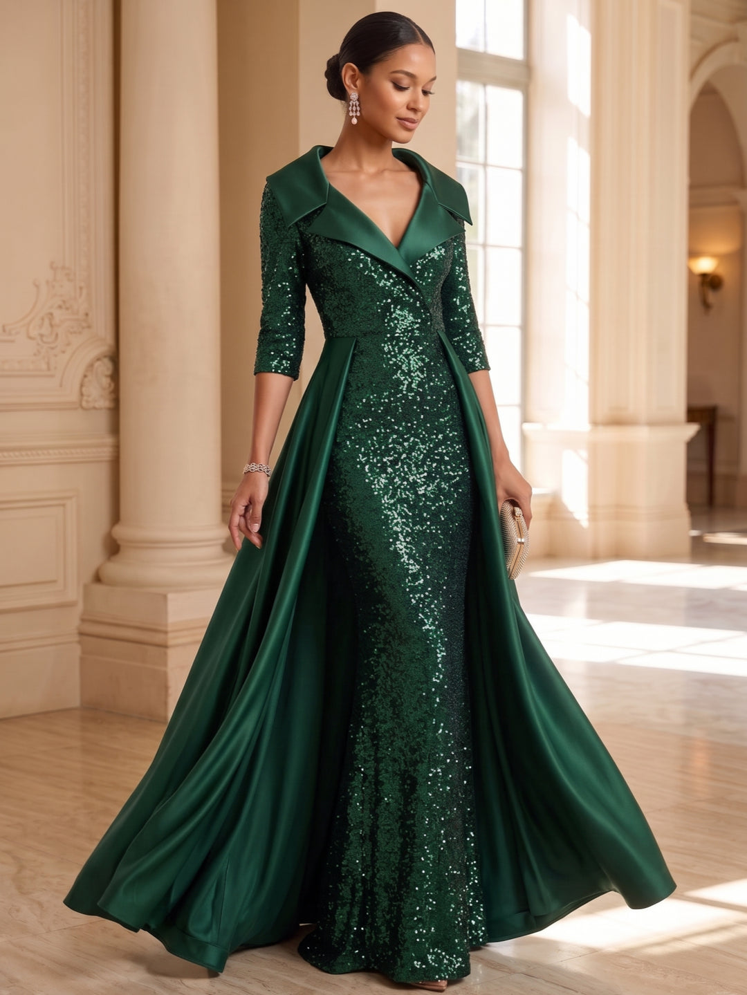 Sheath/Column V-Neck Satin Mother of the Bride Dresses with Overskirt Sequins Floor-Length 3/4 Sleeves