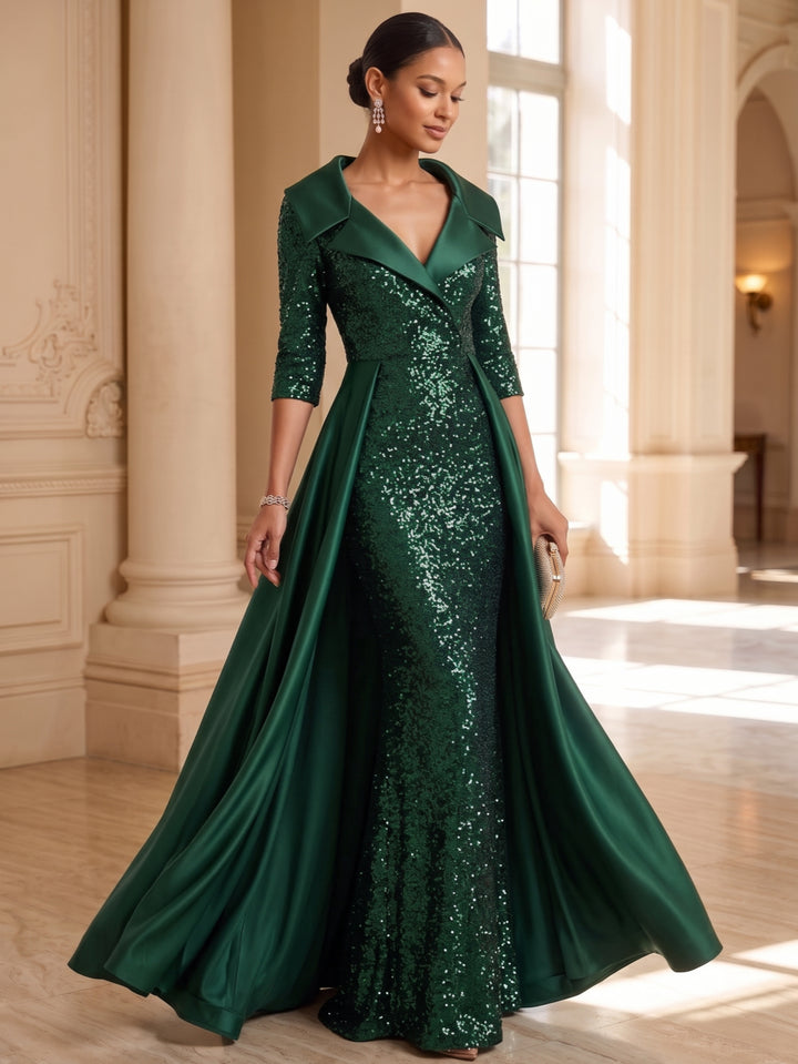 Sheath/Column V-Neck Satin Mother of the Bride Dresses with Overskirt Sequins Floor-Length 3/4 Sleeves