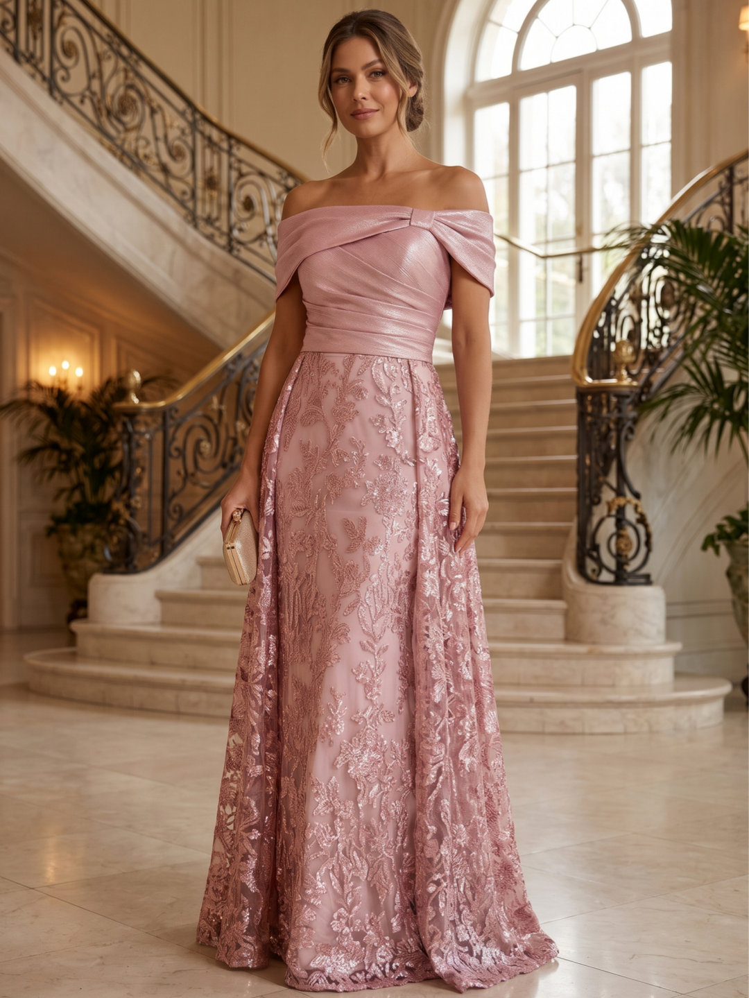 A-Line/Princess Off-the-Shoulder Metallic Satin Mother of the Bride Dresses with Overskirt Floor-Length Sleeveless Ruched