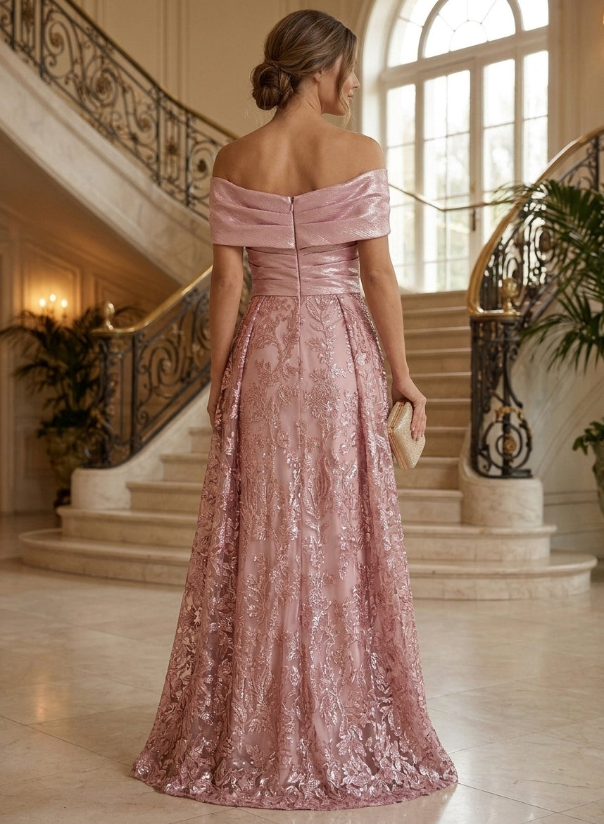 A-Line/Princess Off-the-Shoulder Metallic Satin Mother of the Bride Dresses with Overskirt Floor-Length Sleeveless Ruched