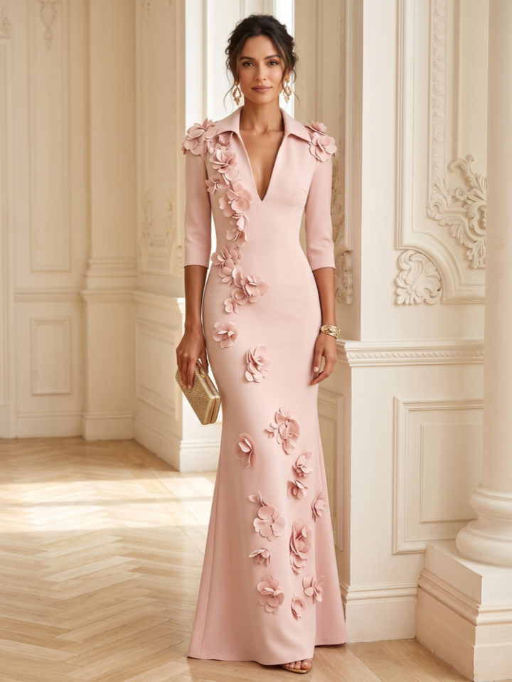 Trumpet/Mermaid V-Neck Stretch Satin Mother of The Bride Dresses with 3D Flowers 3/4 Sleeves Floor-Length