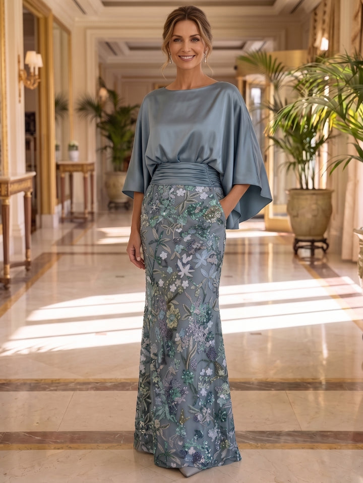 Sheath/Column Silk Satin Scoop Mother of the Bride Dresses Floor-Length 3/4 Sleeves Floral Sequins Ruched