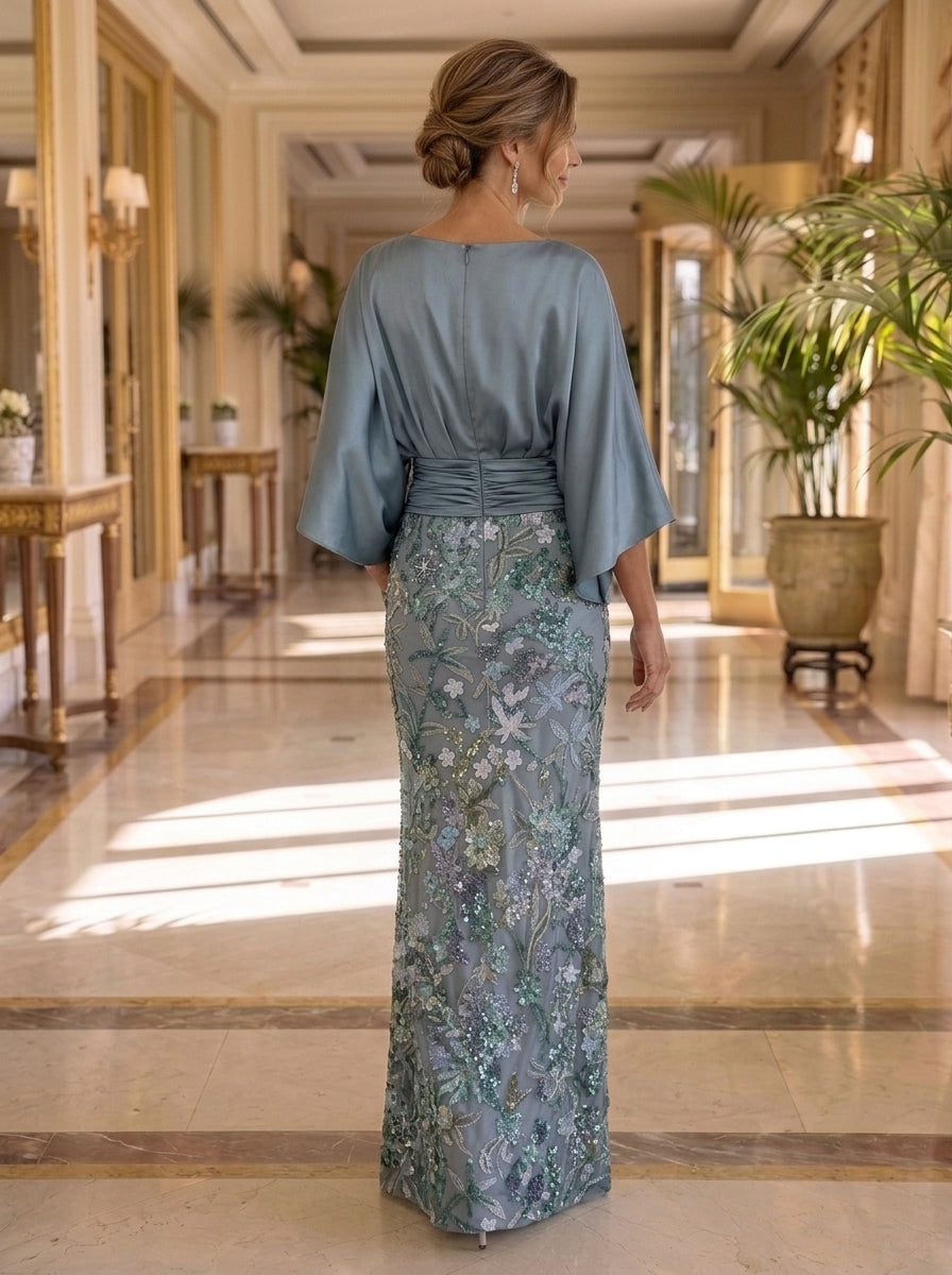Sheath/Column Silk Satin Scoop Mother of the Bride Dresses Floor-Length 3/4 Sleeves Floral Sequins Ruched
