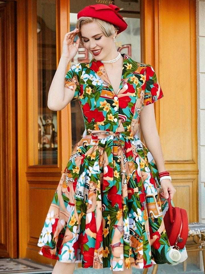 A-Line/Princess V-Neck Retro Printed Floral Vintage Costume Party Dresses with Ruffles