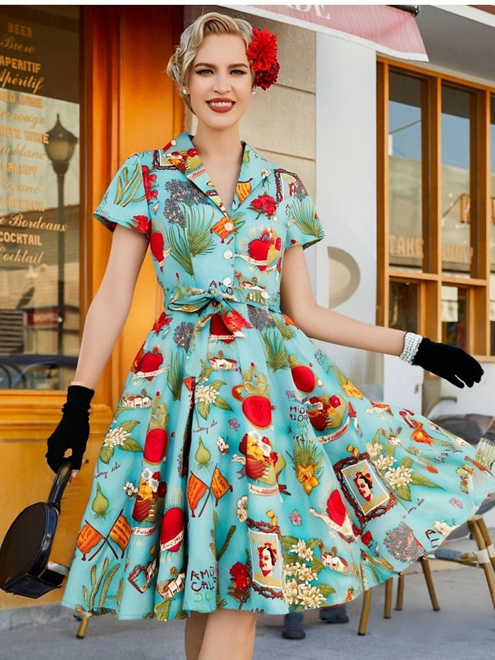A-Line/Princess V-Neck Retro Printed Floral Vintage Costume Party Dresses with Ruffles