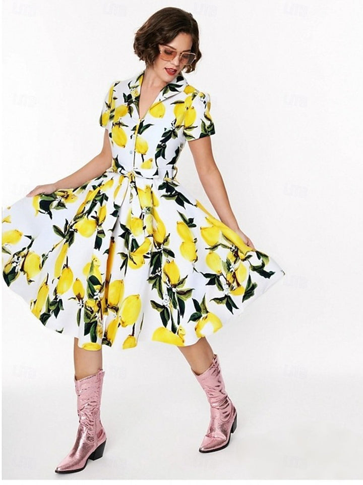A-Line/Princess V-Neck Retro Printed Floral Vintage Costume Party Dresses with Ruffles