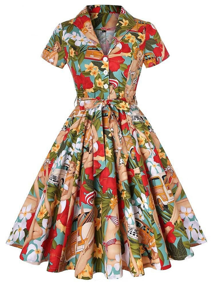A-Line/Princess V-Neck Retro Printed Floral Vintage Costume Party Dresses with Ruffles