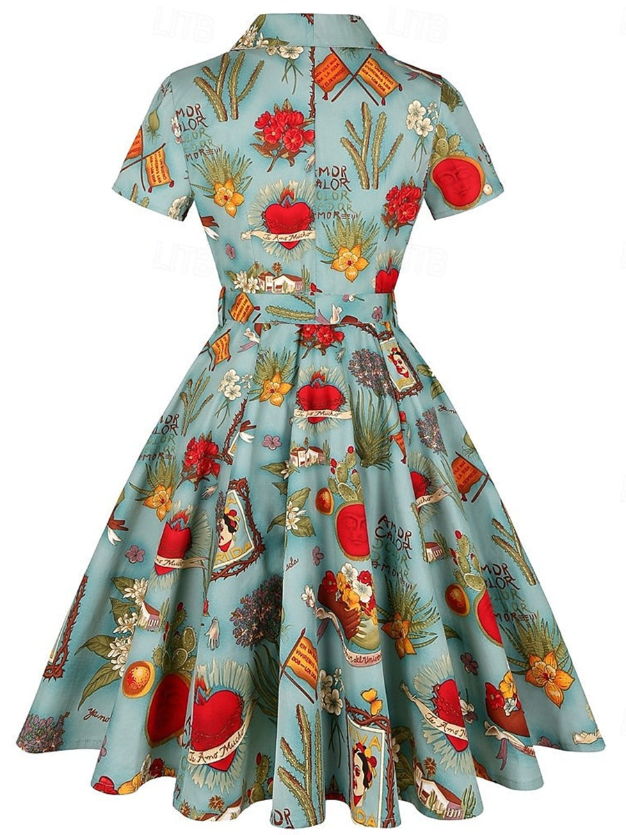 A-Line/Princess V-Neck Retro Printed Floral Vintage Costume Party Dresses with Ruffles