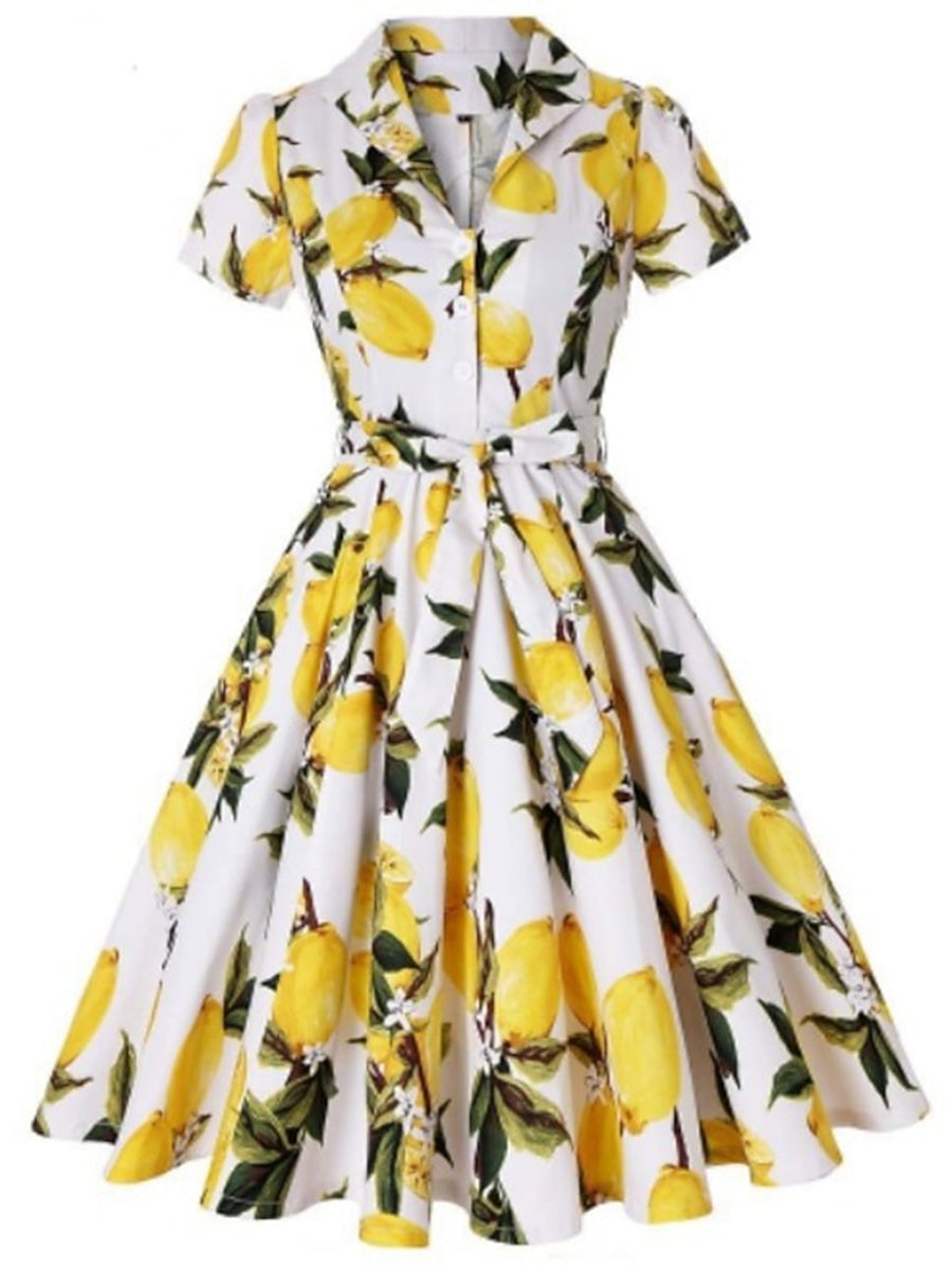 A-Line/Princess V-Neck Retro Printed Floral Vintage Costume Party Dresses with Ruffles
