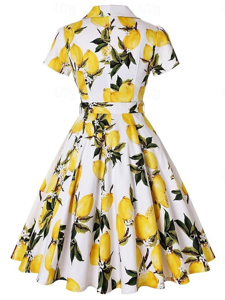 A-Line/Princess V-Neck Retro Printed Floral Vintage Costume Party Dresses with Ruffles