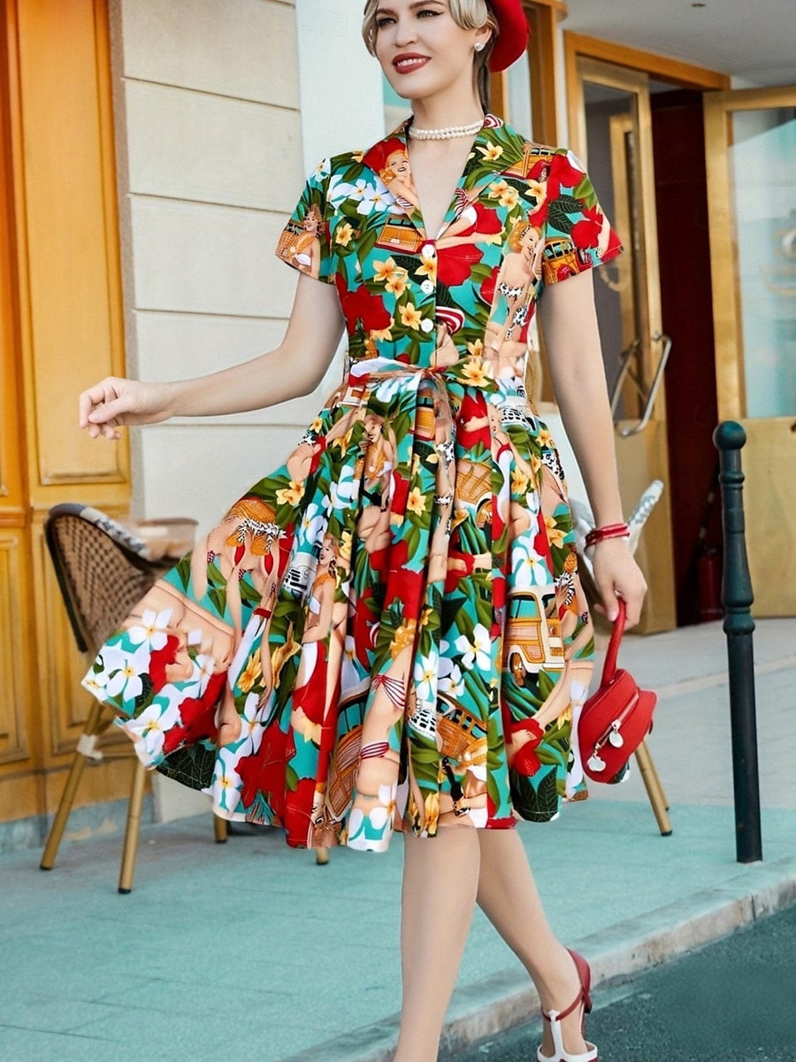 retro a line dresses A-Line/Princess V-Neck Retro Printed Floral Vintage Costume Party Dresses with Ruffles, S / Red