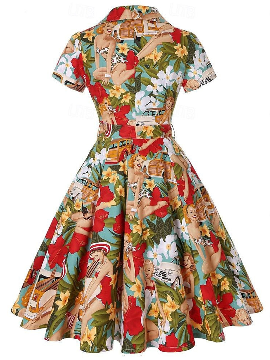 A-Line/Princess V-Neck Retro Printed Floral Vintage Costume Party Dresses with Ruffles