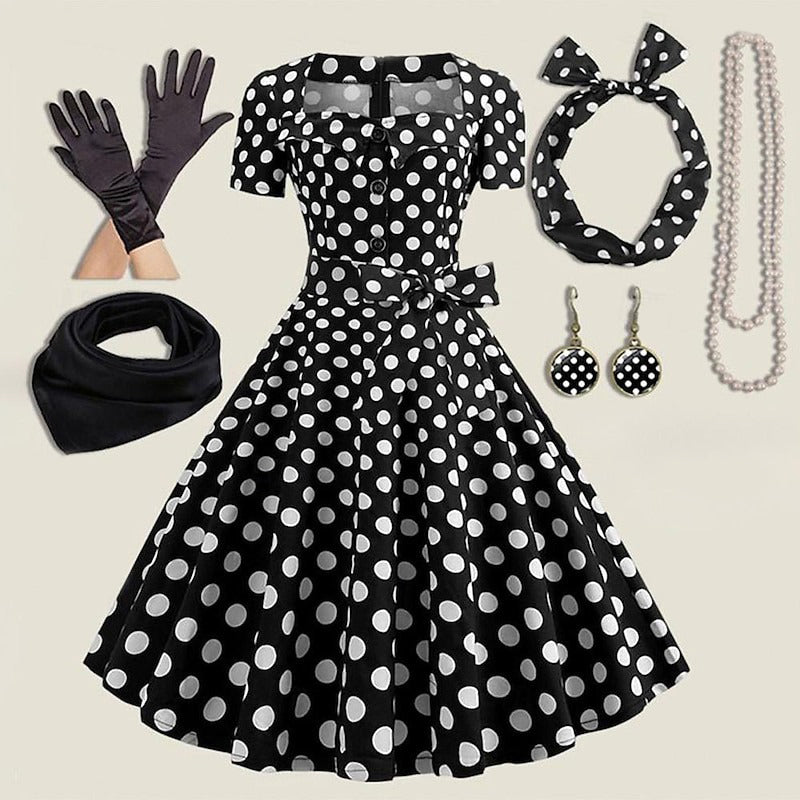 A-Line/Princess Square Neck Vintage Costume Party Dresses with Accessories Set, S / Black & White A-Line/Princess Square Neck Vintage Costume Party Dresses with Accessories Set, S / Black & White