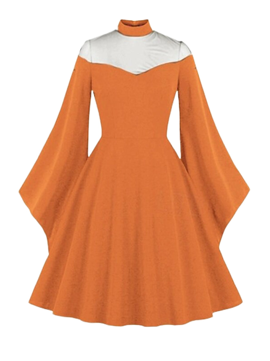 A-Line/Princess Sheer Neck Long Sleeves Tea Length Vintage Costume Party Dresses with Ruffles