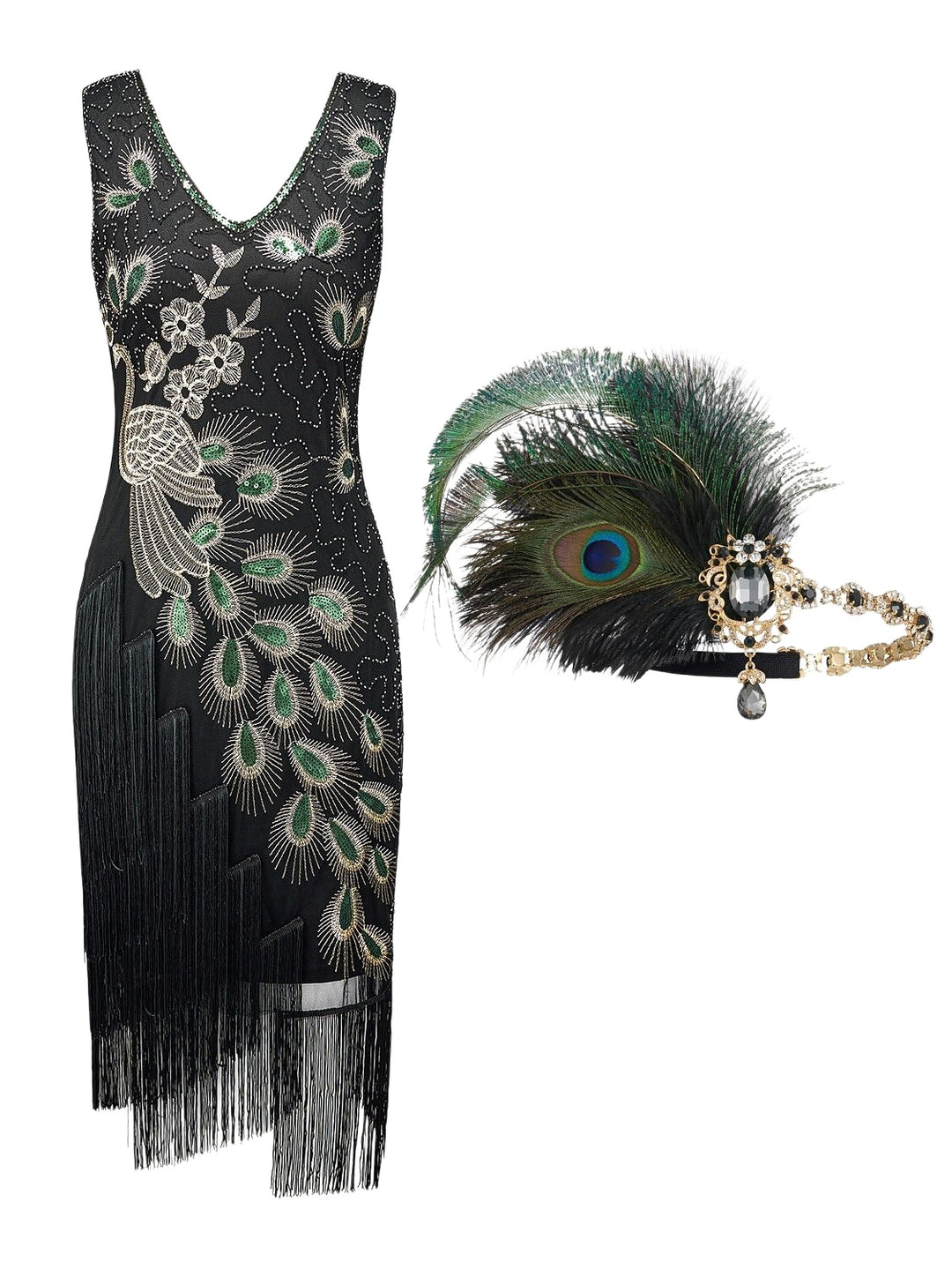 Sheath/Column V-Neck Tea-Length Sequined Vintage Dresses 2PCS with Feather Headband