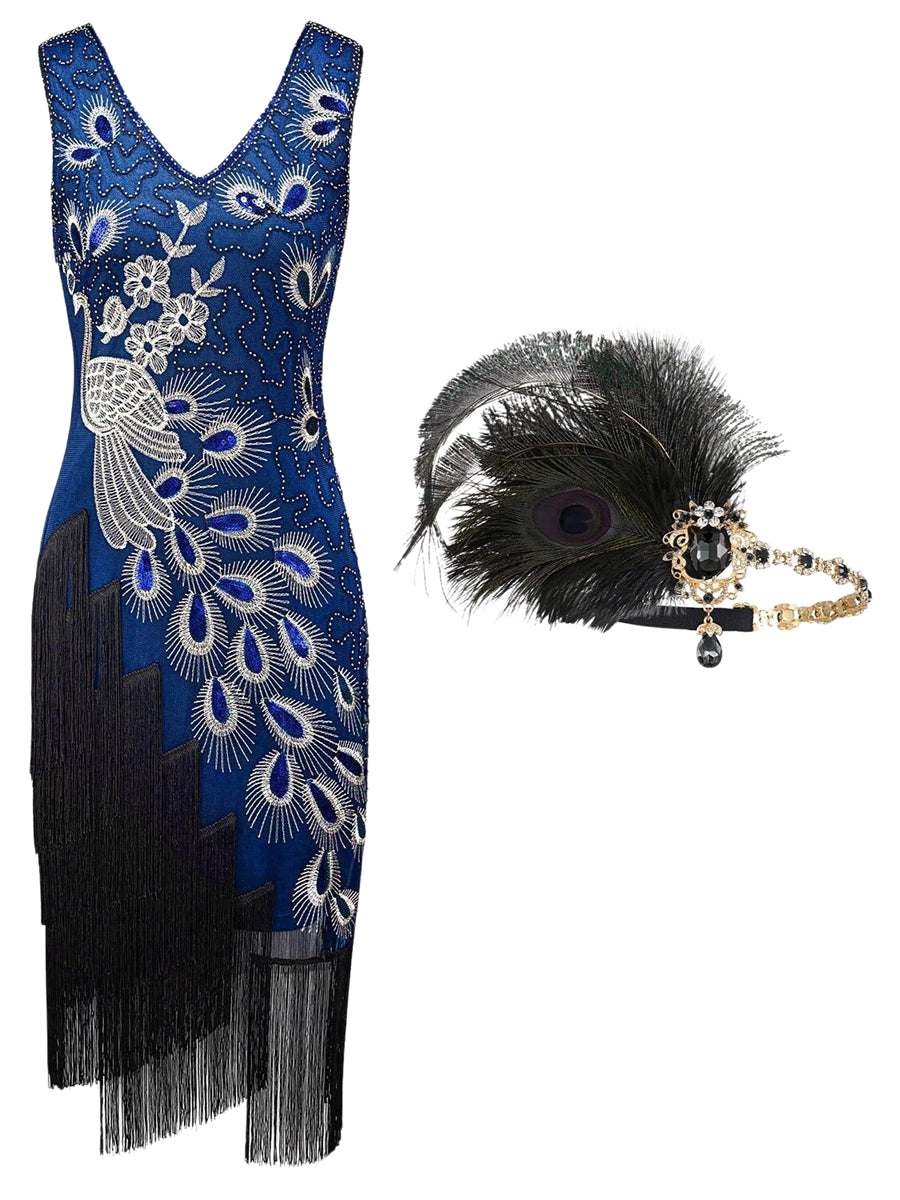 Sheath/Column V-Neck Tea-Length Sequined Vintage Dresses 2PCS with Feather Headband