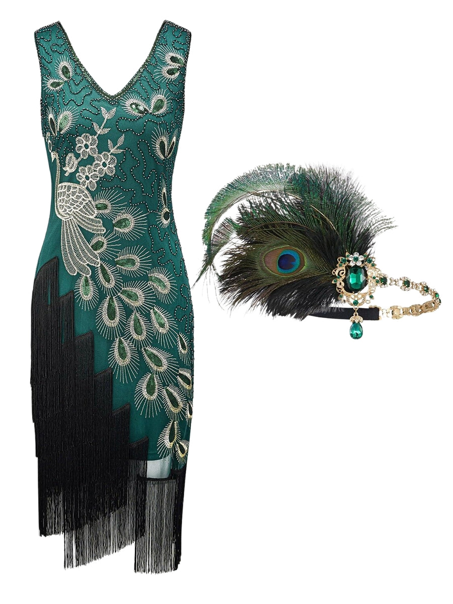 Sheath/Column V-Neck Tea-Length Sequined Vintage Dresses 2PCS with Feather Headband