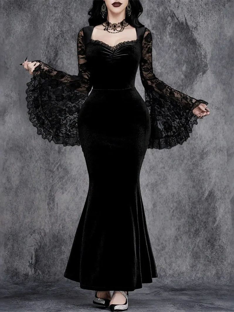 Sheath/Column Medieval Vintage Long Sleeves Lace Ankle-Length Dresses, S / Black Sheath/Column Medieval Vintage Long Sleeves Lace Ankle-Length Dresses, S / Black