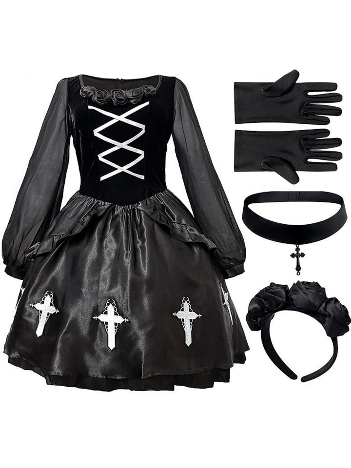 Women's Medieval Velvet Performance Party Mini Dress Gloves Headband