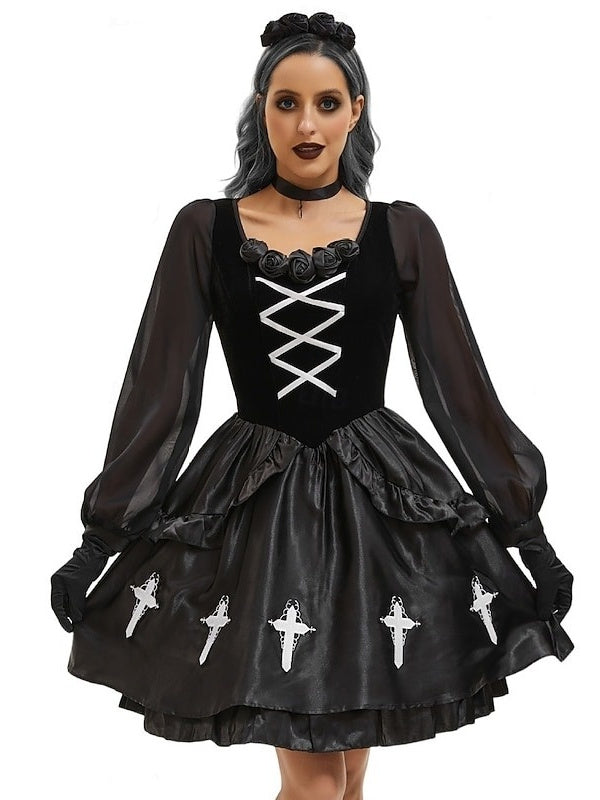 Women's Medieval Velvet Performance Party Mini Dress Gloves Headband