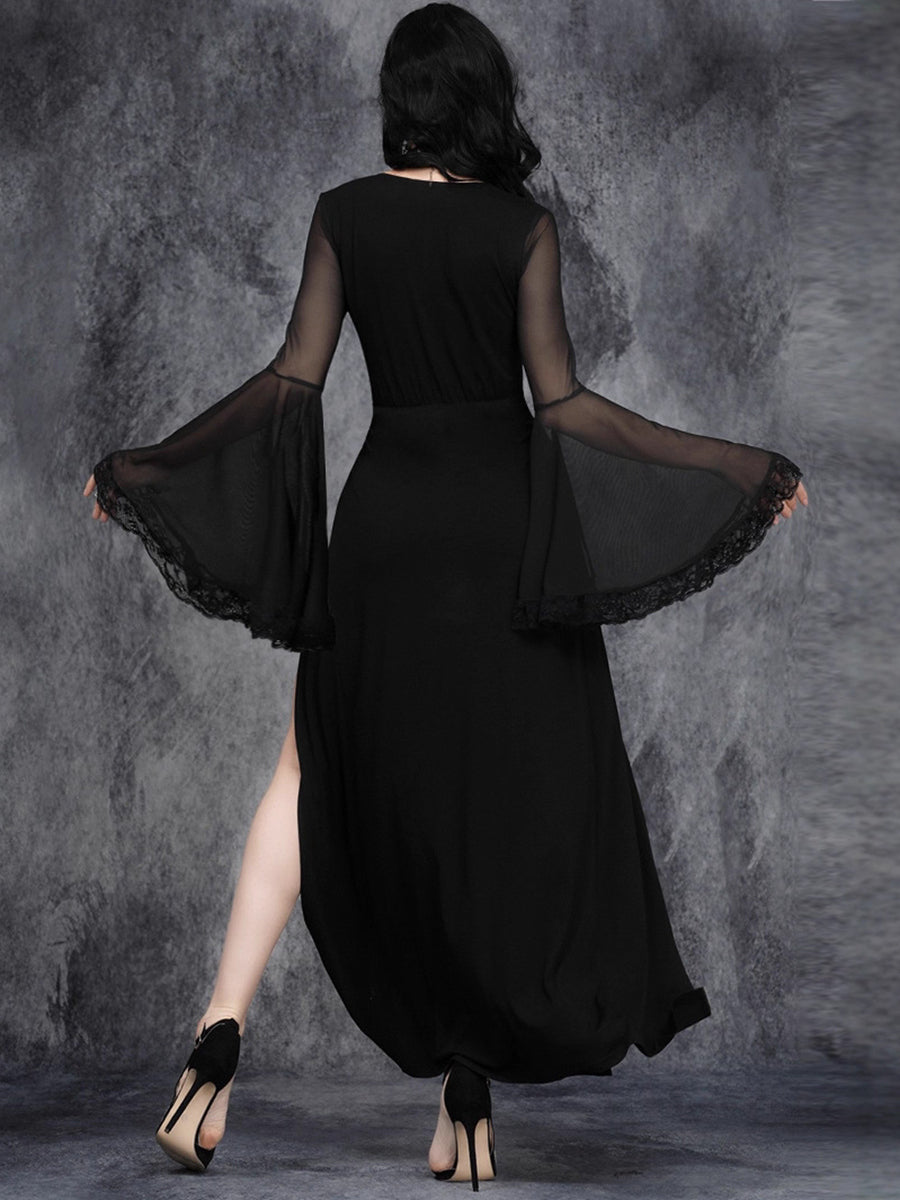 Black Gothic V-Neck Sheer Bell Sleeves Vintage Costume Party Dresses with Slit Side