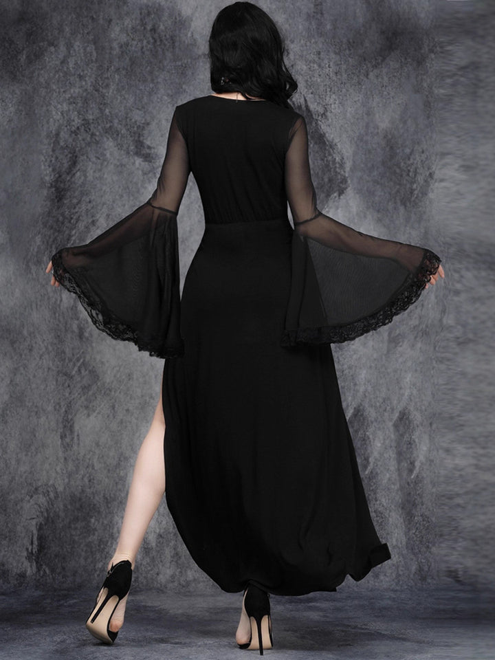 Black Gothic V-Neck Sheer Bell Sleeves Vintage Costume Party Dresses with Slit Side