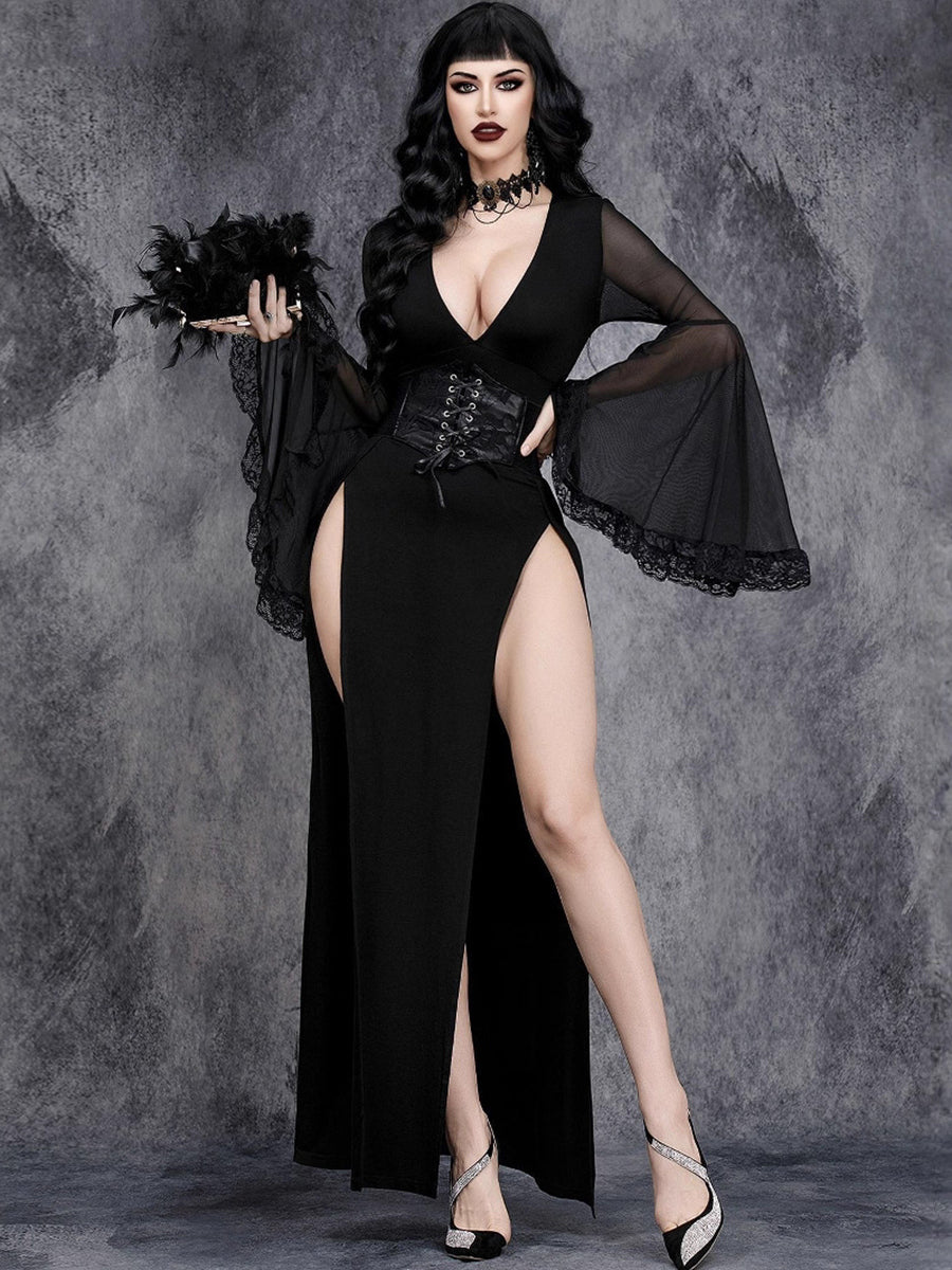 Black Gothic V-Neck Sheer Bell Sleeves Vintage Costume Party Dresses with Slit Side