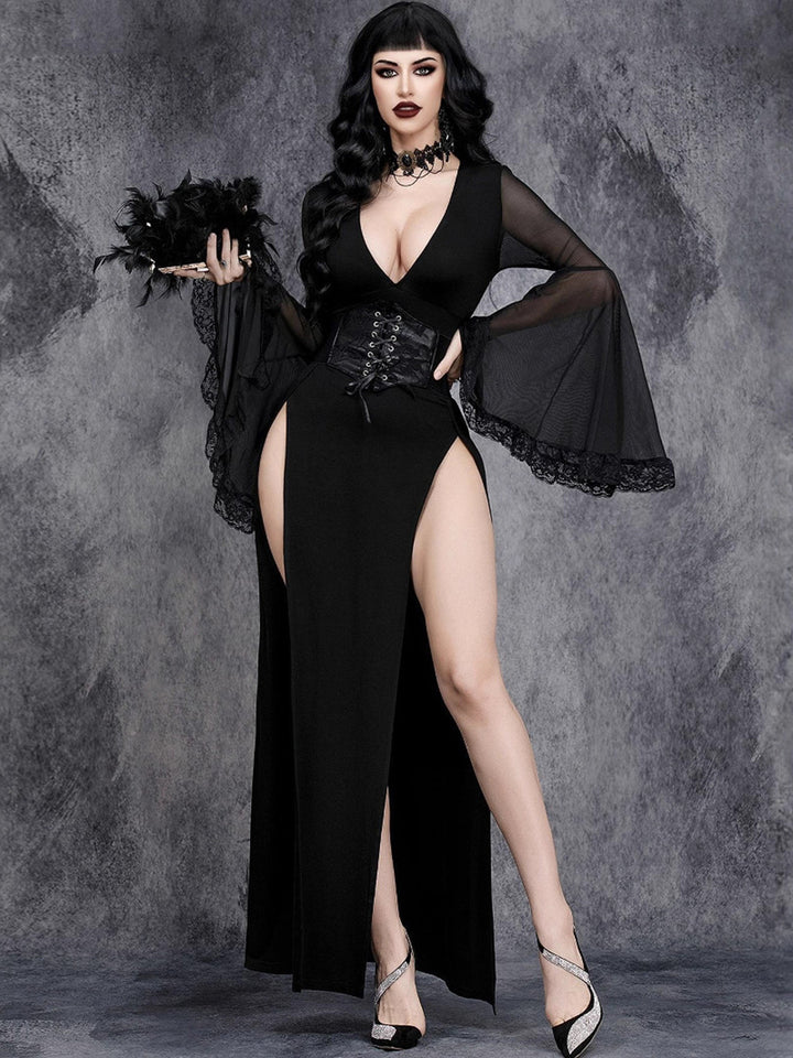 Black Gothic V-Neck Sheer Bell Sleeves Vintage Costume Party Dresses with Slit Side