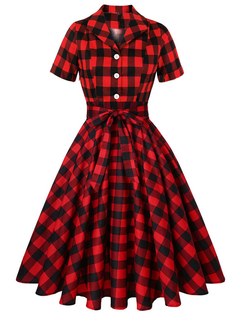 A-Line/Princess Lapel Collar Short Sleeves Printed Vintage Costume Dresses with Bow