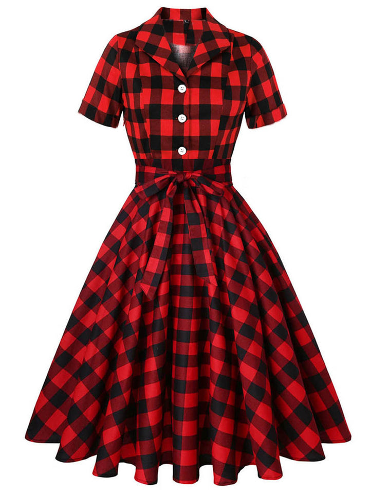 A-Line/Princess Lapel Collar Short Sleeves Printed Vintage Costume Dresses with Bow