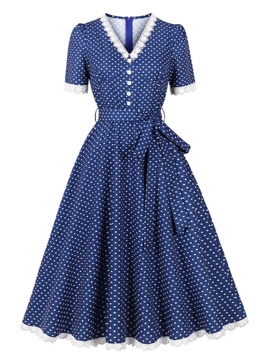 A-Line/Princess V-Neck Elegant Vintage Costume Dresses with Dots & Bows
