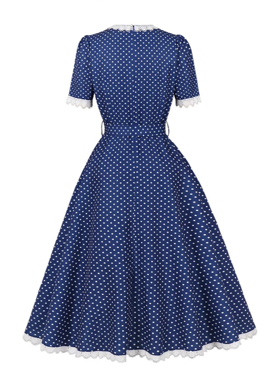 A-Line/Princess V-Neck Elegant Vintage Costume Dresses with Dots & Bows