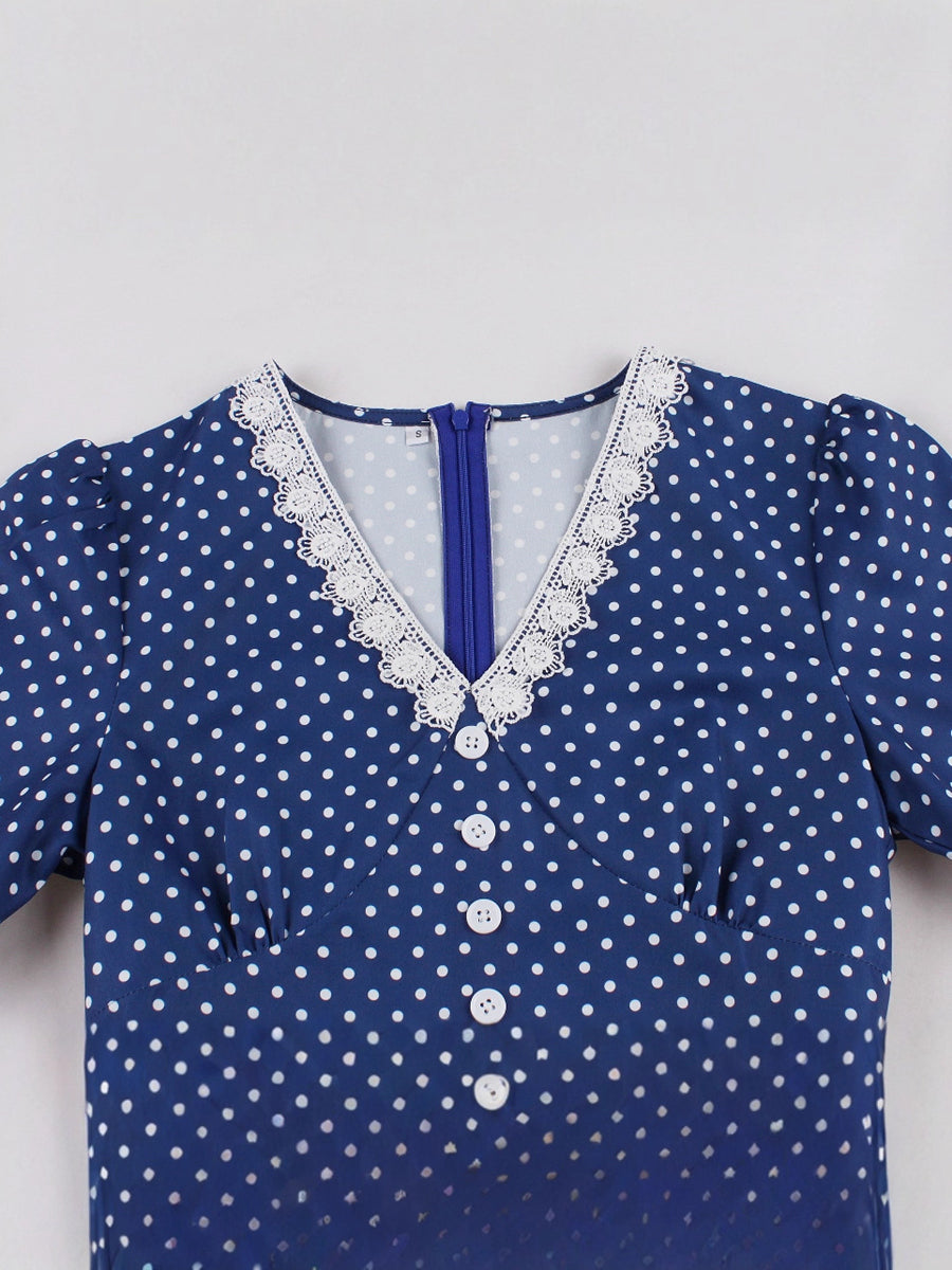 A-Line/Princess V-Neck Elegant Vintage Costume Dresses with Dots & Bows