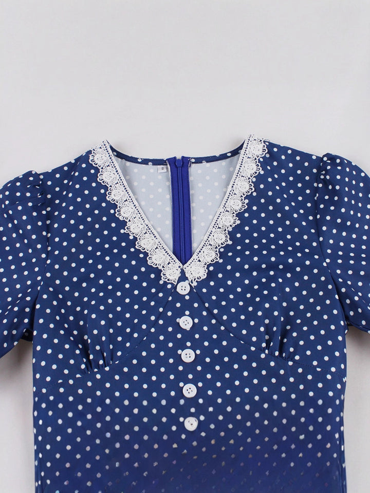 A-Line/Princess V-Neck Elegant Vintage Costume Dresses with Dots & Bows