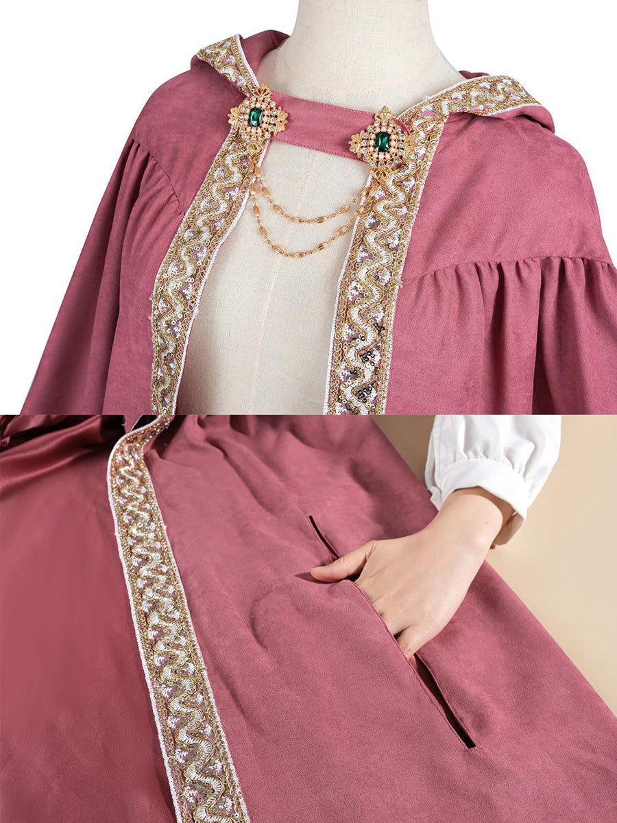 Luxurious Medieval Vintage Costume Cloak with Rhinestones & Lace Trims