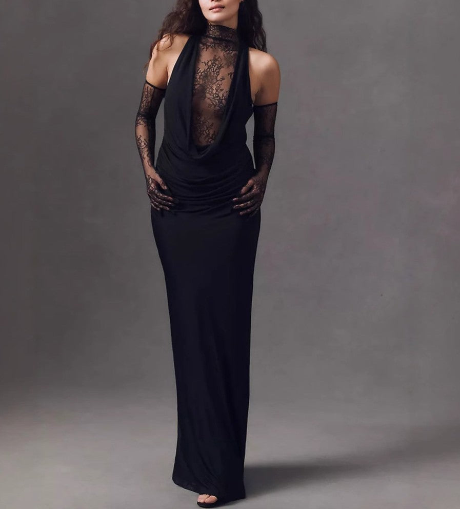 Sheath/Column Halter Lace Vintage Costumes Sleeveless Party Dresses Floor-Length Stretch Satin