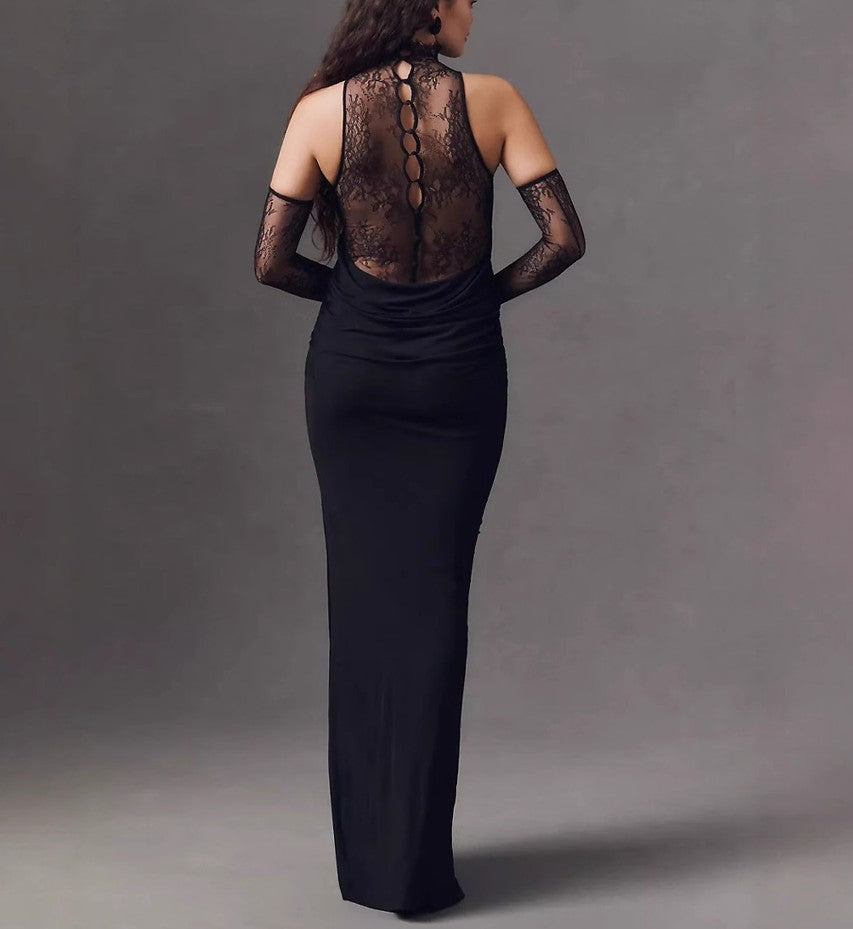Sheath/Column Halter Lace Vintage Costumes Sleeveless Party Dresses Floor-Length Stretch Satin