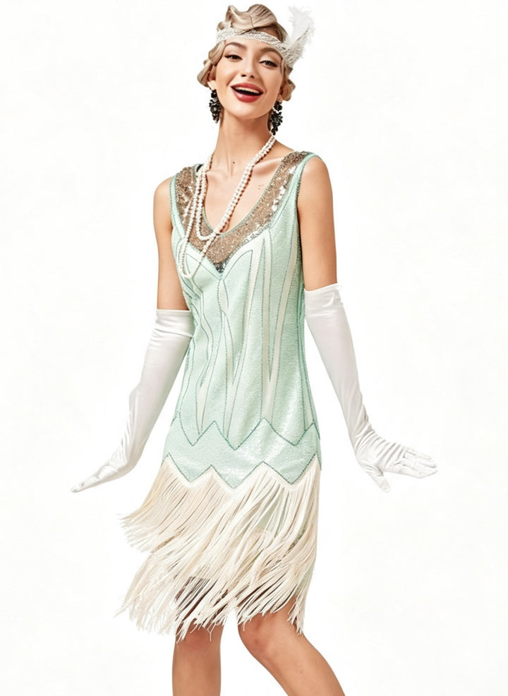 1920s Sheath/Column V-Neck Vintage Tassels Costume Party Dresses Knee-Length Dresses
