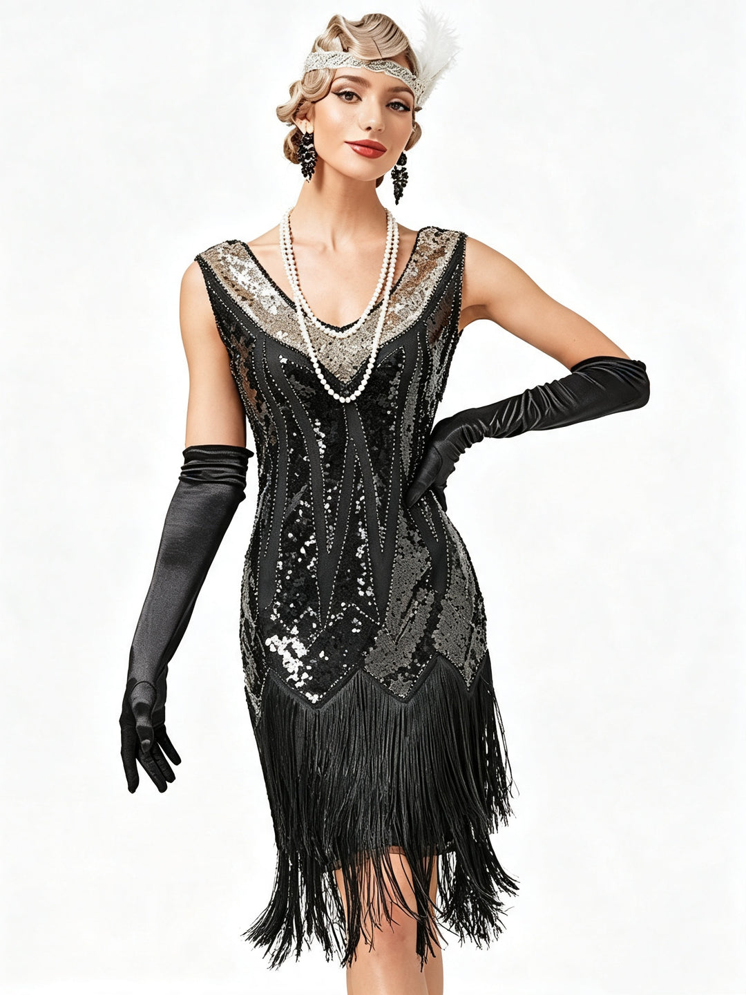 1920s Sheath/Column V-Neck Vintage Tassels Costume Party Dresses Knee-Length Dresses