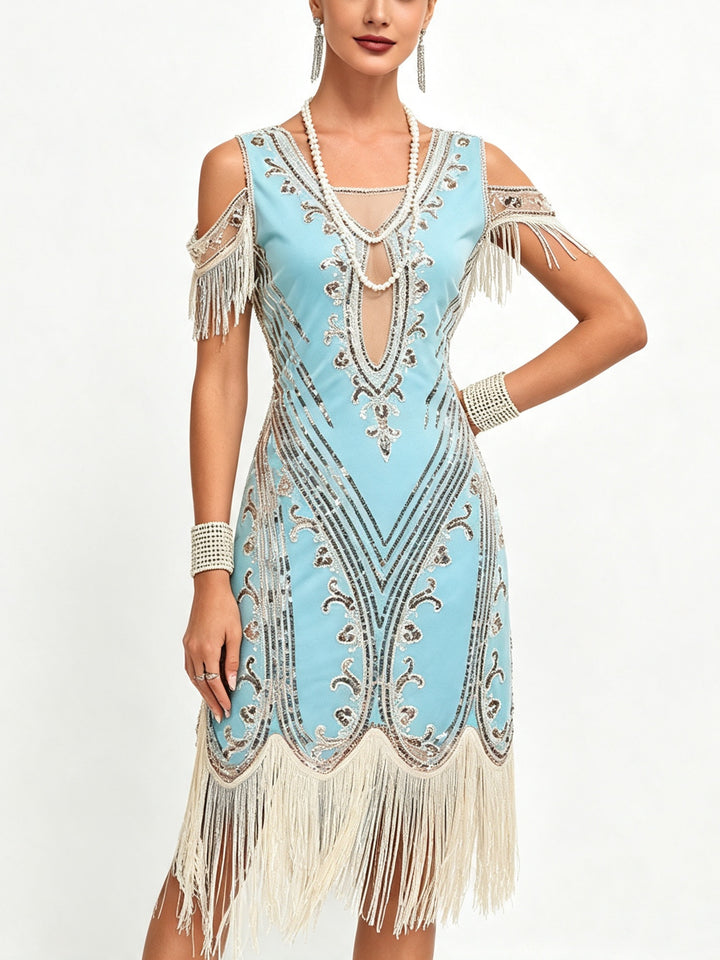 1920s The Great Gatsby Outfit A-Line/Princess Short Sleeves Sequins Tassels Vintage Dresses