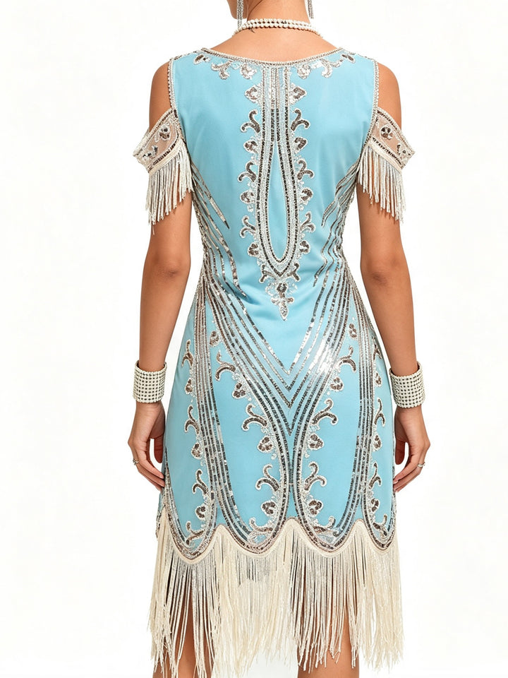 1920s The Great Gatsby Outfit A-Line/Princess Short Sleeves Sequins Tassels Vintage Dresses