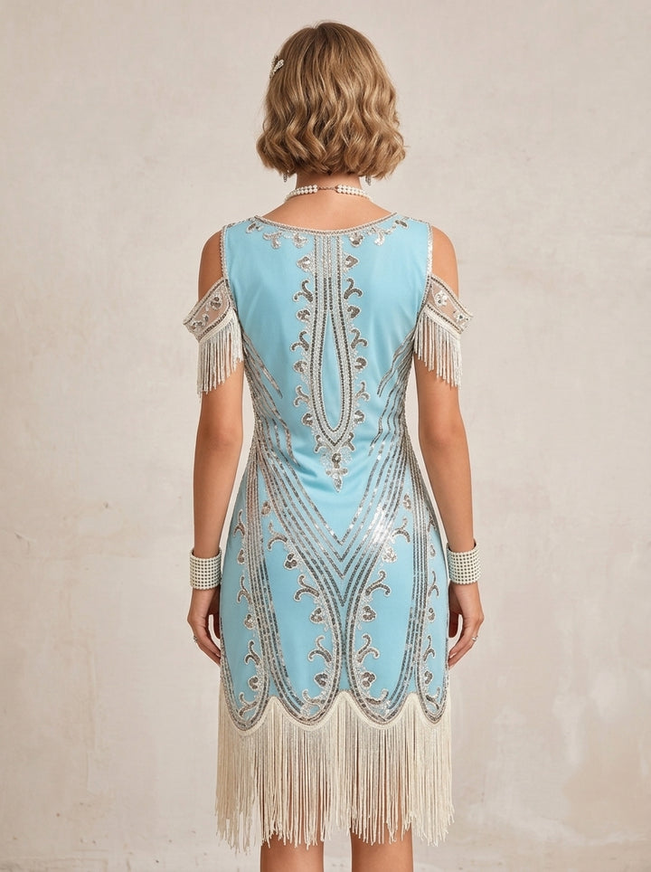 1920s The Great Gatsby Outfit A-Line/Princess Short Sleeves Sequins Tassels Vintage Dresses
