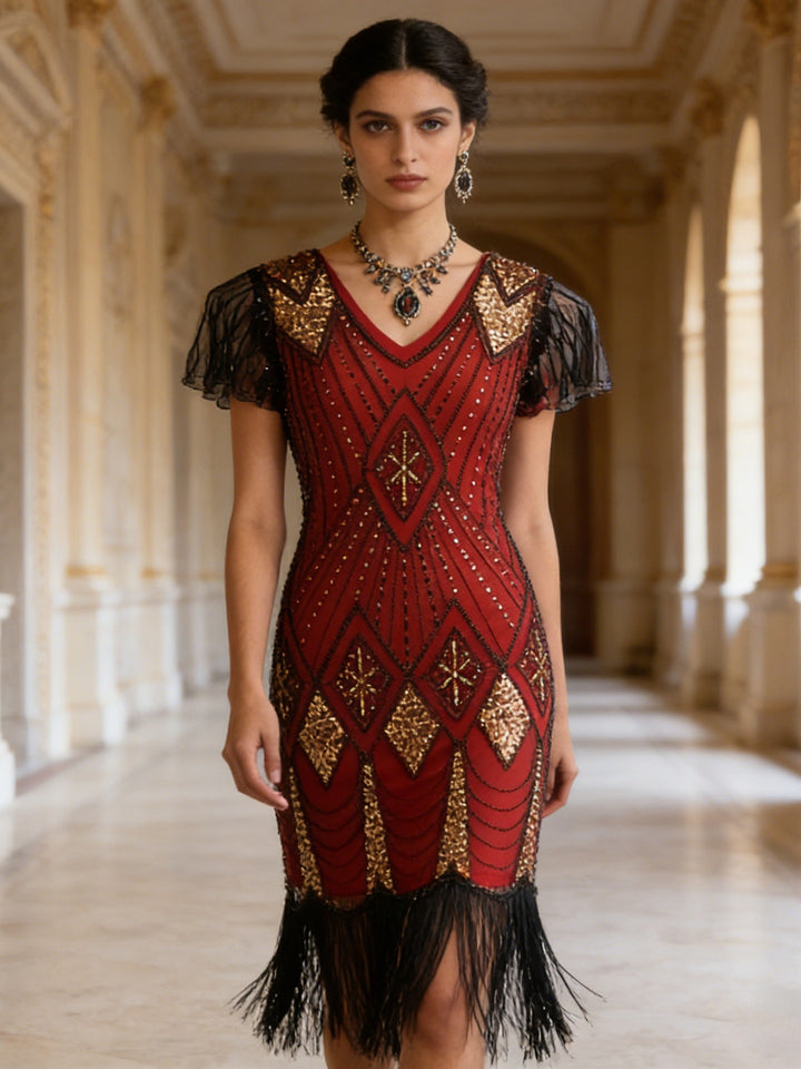 1920s The Great Gatsby Outfit Sheath/Column V-Neck Short Sleeves Sequins Tassels Vintage Dresses